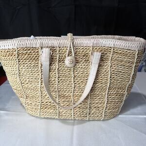 Brighton Straw Wicker Tote Bag Purse Beige Leather Trim